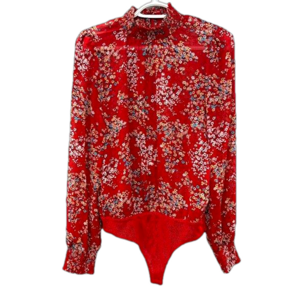 Socialite Women's Red Floral One Piece BodySuit Snap Bottom Smocked Neck Sleeves